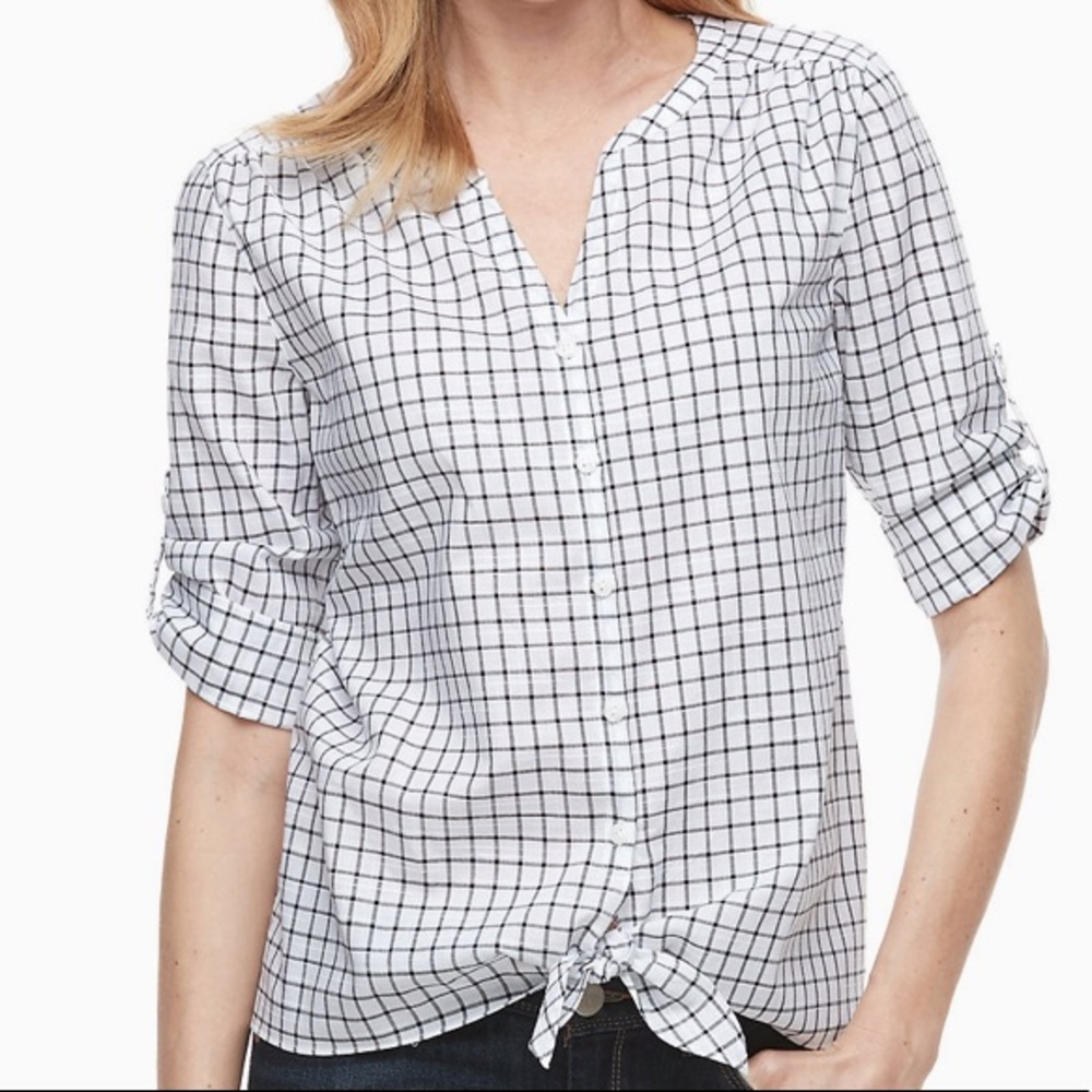 CROFT & BARROW TIE-FRONT SHIRT PLAID BUTTONS SZ L